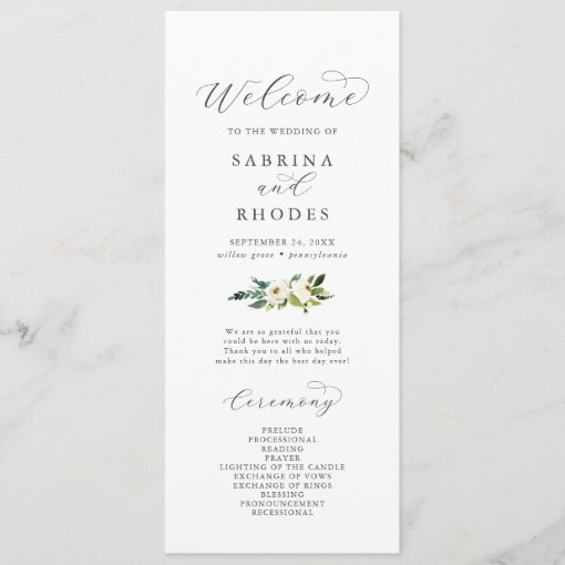 Elegant White Floral Wedding Program | Zazzle