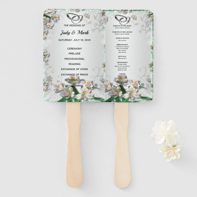 Elegant White Floral Wedding Program Hand Fan (Front and Back)