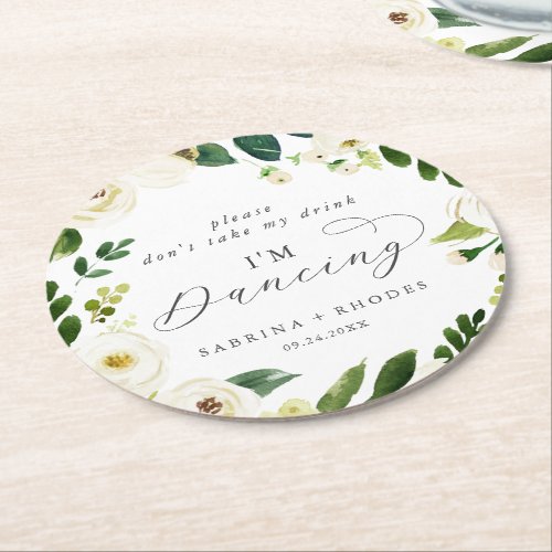 Elegant White Floral Wedding Reception Im Dancing Round Paper Coaster