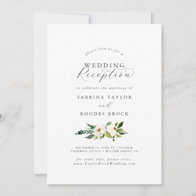 Elegant White Floral Wedding Reception Invitation (Front)