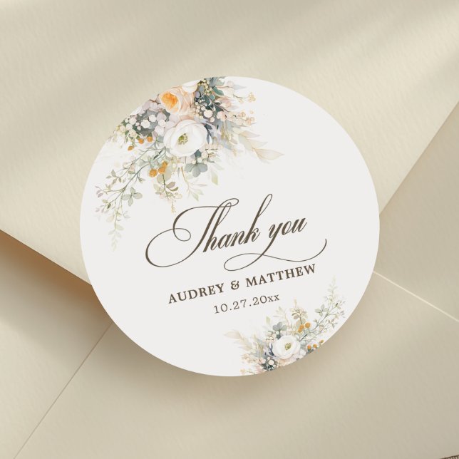 Elegant White Floral Wedding thank you Classic Round Sticker (Creator Uploaded)