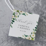 Elegant White Floral Wedding Thank You Favor Tags<br><div class="desc">These elegant white floral wedding thank you favor tags are perfect for a classic wedding. The modern vintage design features beautifully romantic ivory and cream watercolor rose and peony flowers with dark green leaves, greenery and botanicals. Customize these tags with your names and date. Change the wording to suit any...</div>