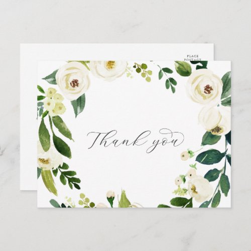 Elegant White Floral Wedding Thank You Postcard