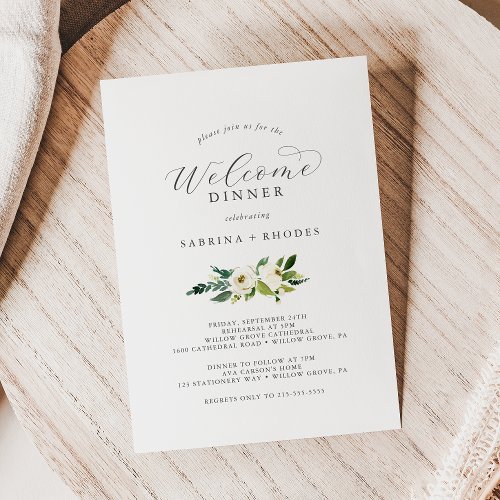 Elegant White Floral Wedding Welcome Dinner Invitation