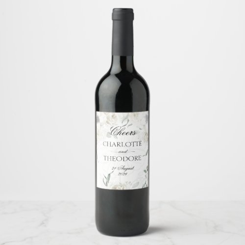 Elegant White Floral Wedding Wine Bottle Label Set
