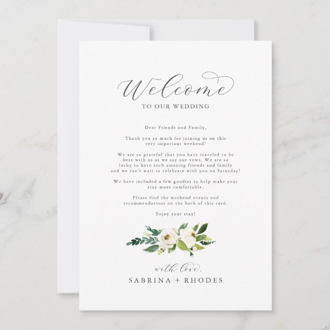 Elegant White Floral Welcome Letter & Itinerary (Front)