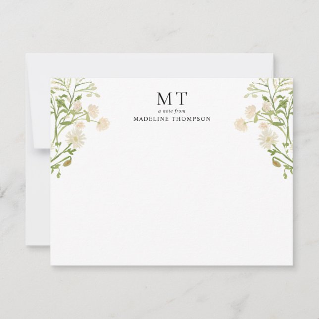 Elegant White Floral Wildflower Classic Monogram Note Card (Front)