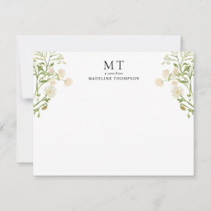 Elegant White Floral Wildflower Classic Monogram Note Card