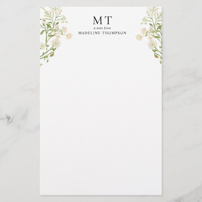 Elegant White Floral Wildflower Classic Monogram Stationery (Front)
