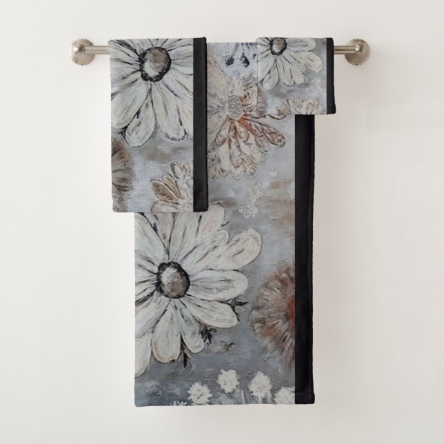 Elegant White Floral With Gray Bath Towel Set (Insitu)