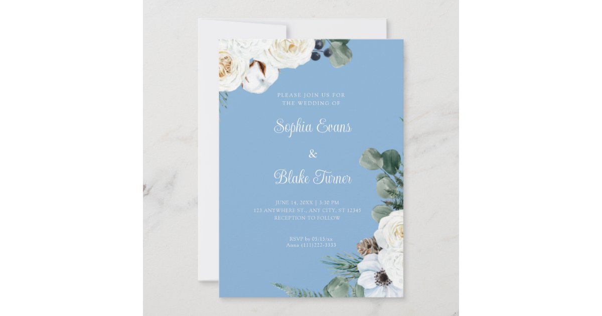 Elegant White Floral with Greenery Blue Wedding Invitation | Zazzle