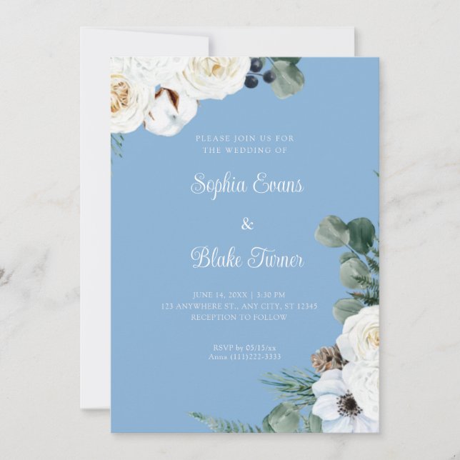 Elegant White Floral with Greenery Blue Wedding Invitation (Front)