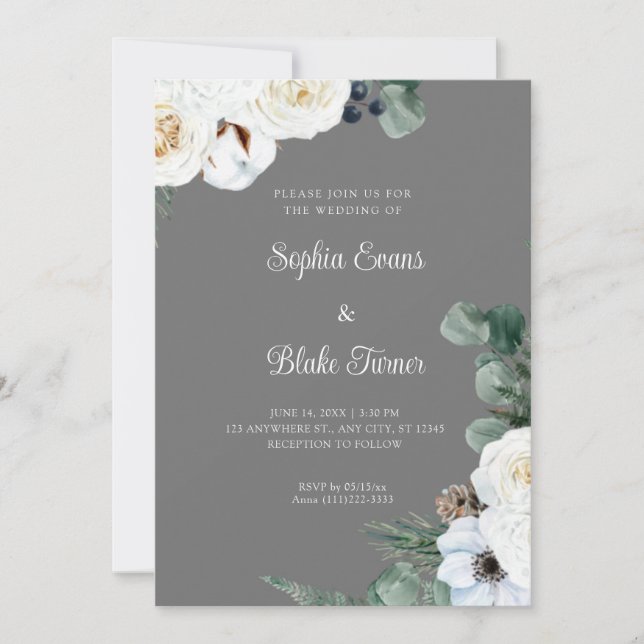 Elegant White Floral with Greenery Gray Wedding Invitation (Front)