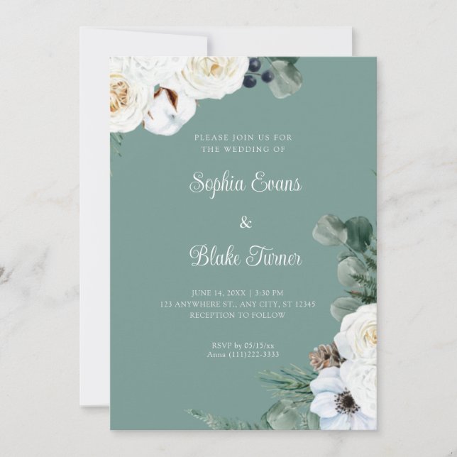 Elegant White Floral with Greenery Green Wedding Invitation (Front)