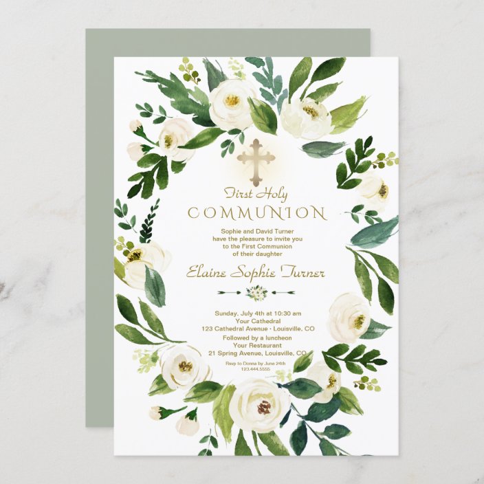 Elegant White Floral Wreath Cross Holy Communion Invitation | Zazzle.com