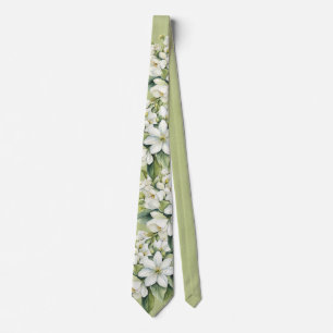 Elegant White Florals Green Groom Wedding Neck Tie