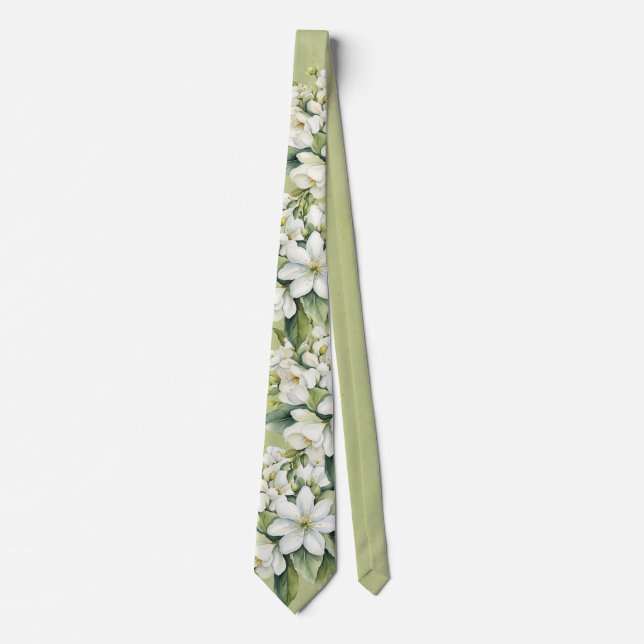 Elegant White Florals Green Groom Wedding Neck Tie (Front)
