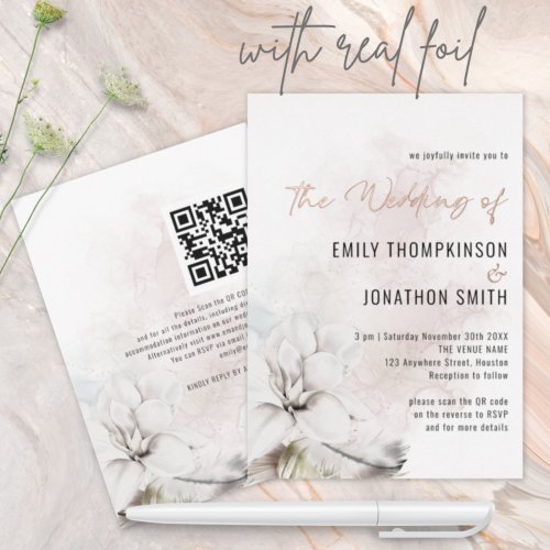 Elegant White Florals Watercolor QR Code Wedding  Foil Invitation