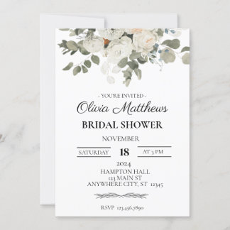 Elegant White Flower and Eucalyptus Bridal Shower Invitation