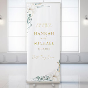 Elegant, White, Flower, Leafy, Wedding Retractable Banner