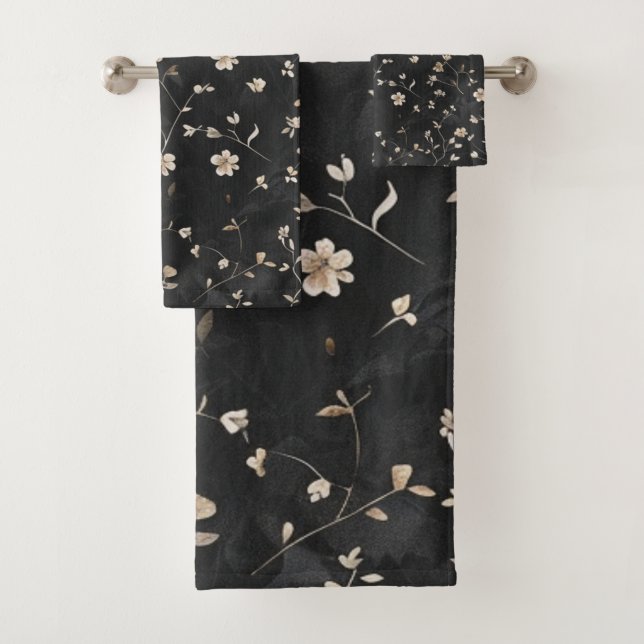 Elegant White Flower on Black  Bath Towel Set (Insitu)