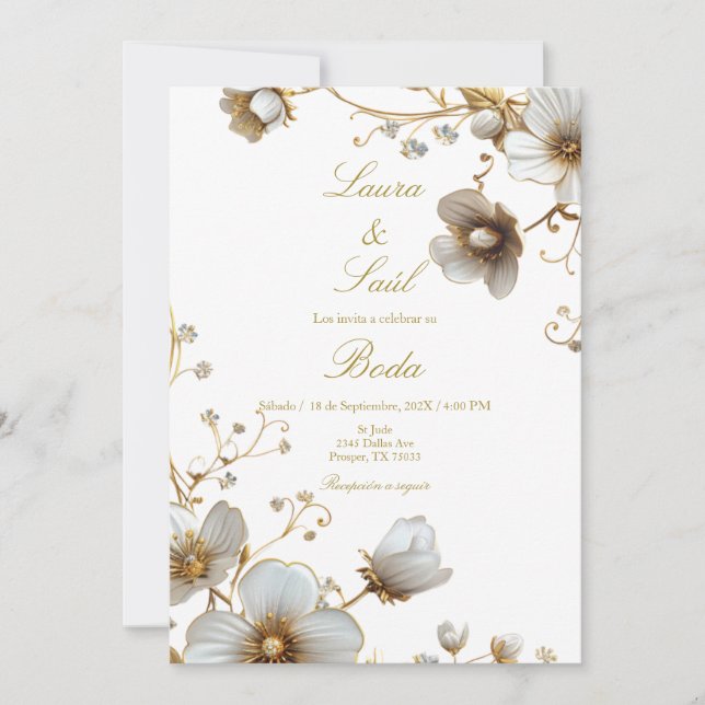 Elegant white flower spanish wedding  invitation (Front)