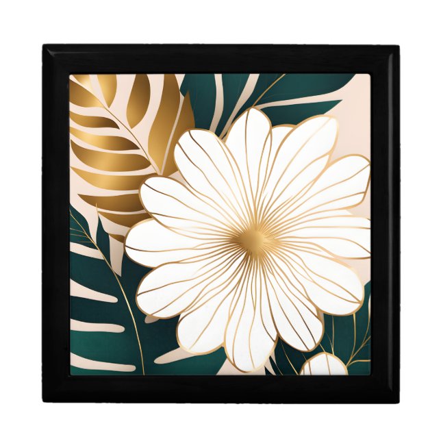 Elegant White Flower with Green and Gold Foliage Gift Box (Front)
