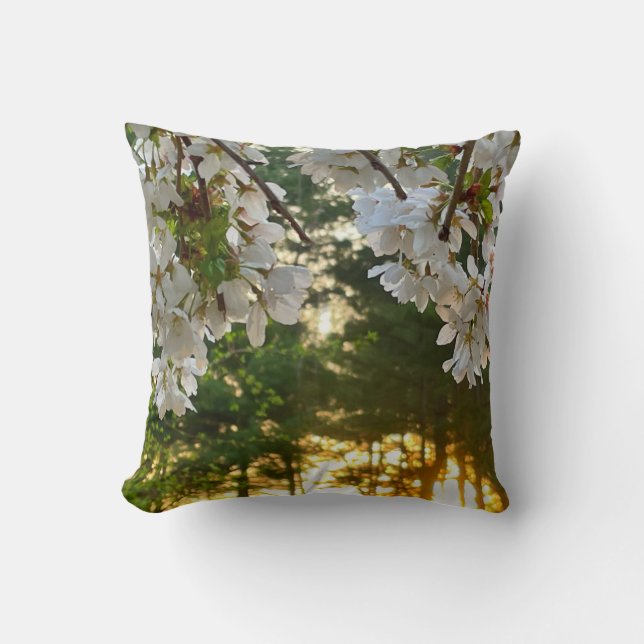 Elegant white flowering tree sunrise pine trees throw pillow (Front)