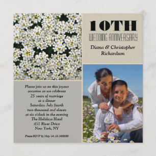 elegant white flowers 10 anniversary photo invites