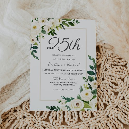 Elegant White Flowers 25th Wedding Anniversary Invitation