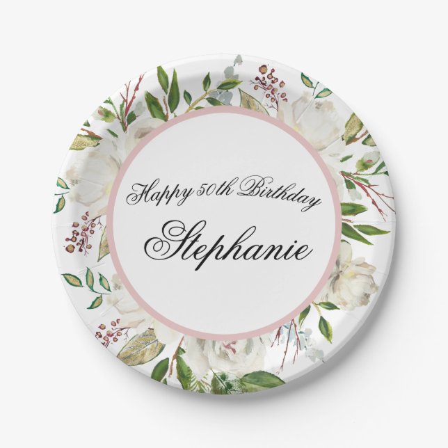 Elegant White Flowers 50th Birthday Paper Plates (Front)