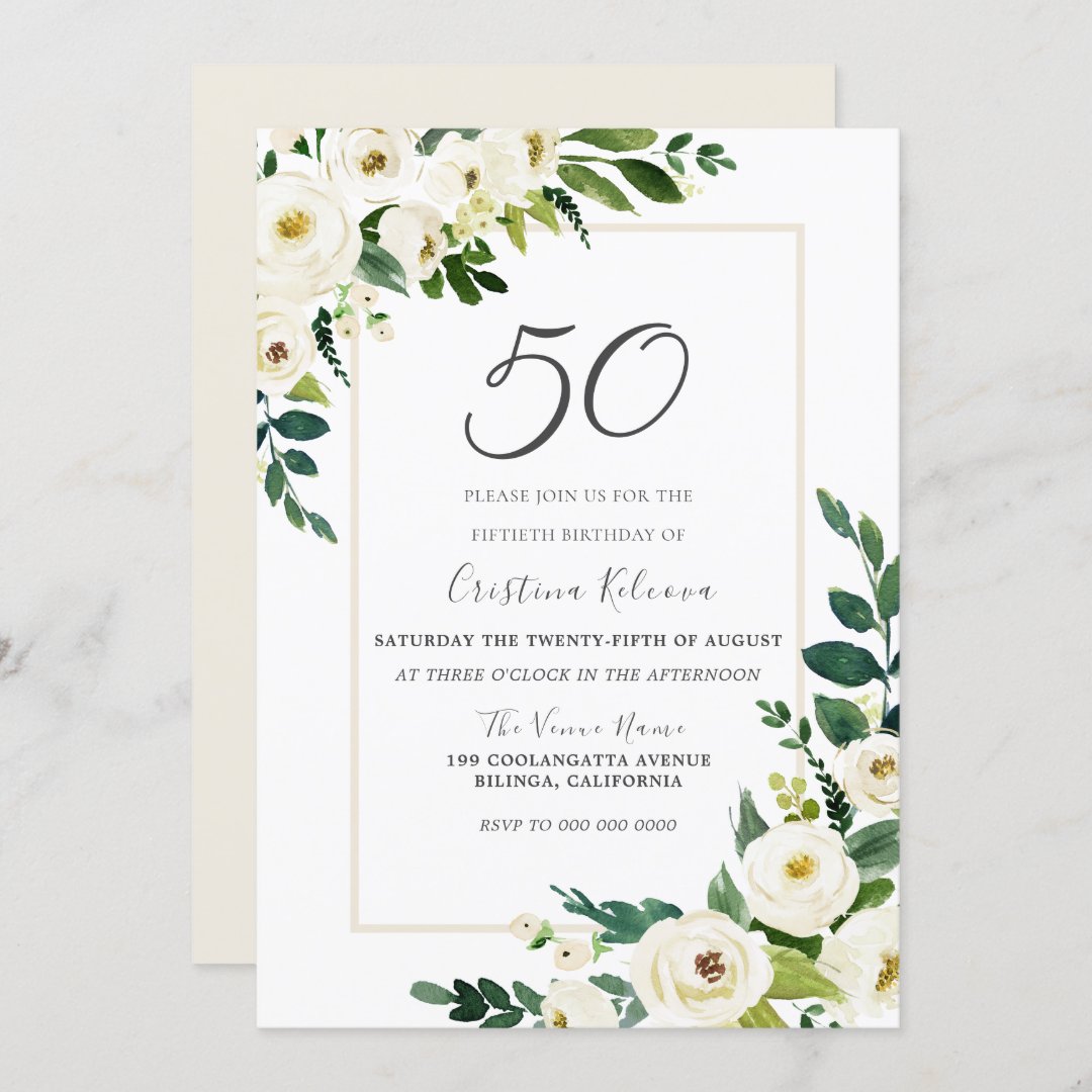 Elegant White Flowers 50th Birthday Party Invitation | Zazzle