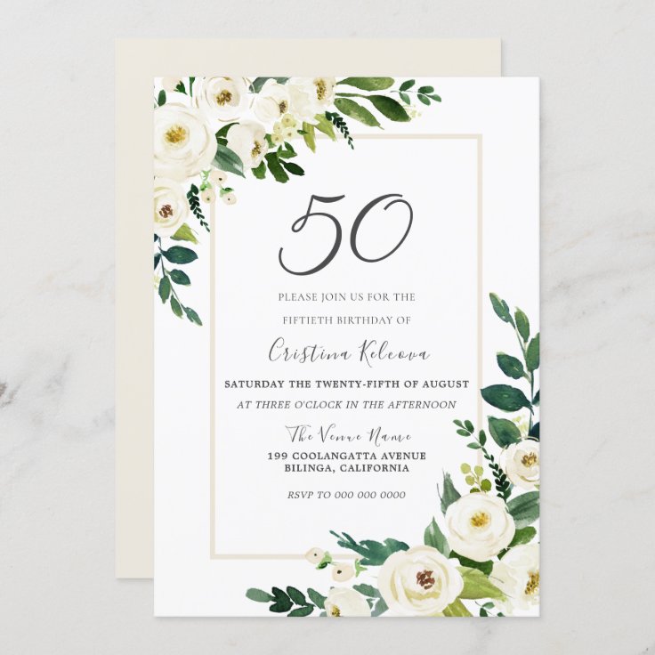 Elegant White Flowers 50th Birthday Party Invitation 