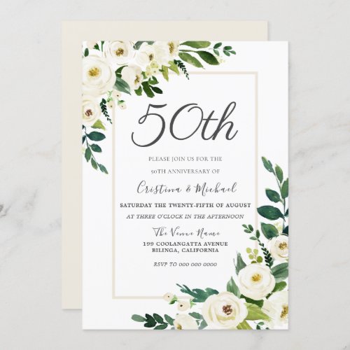 Elegant White Flowers 50th Wedding Anniversary Invitation