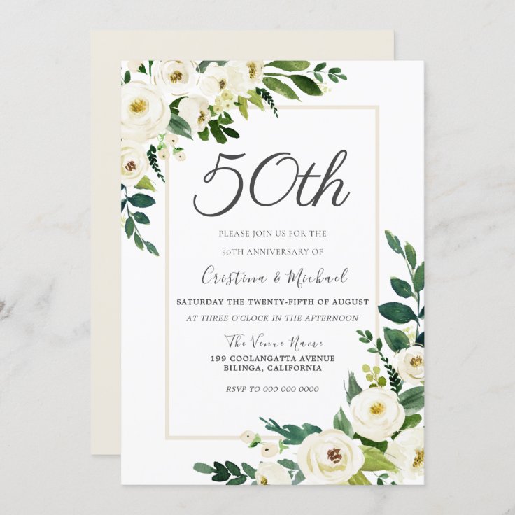 Elegant White Flowers 50th Wedding Anniversary Invitation | Zazzle