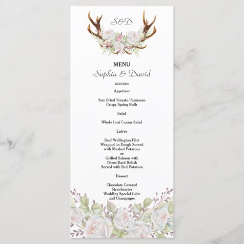 Elegant White Flowers Antlers Monogram Menu