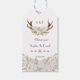 Elegant White Flowers Antlers Monogram Wedding Gift Tags