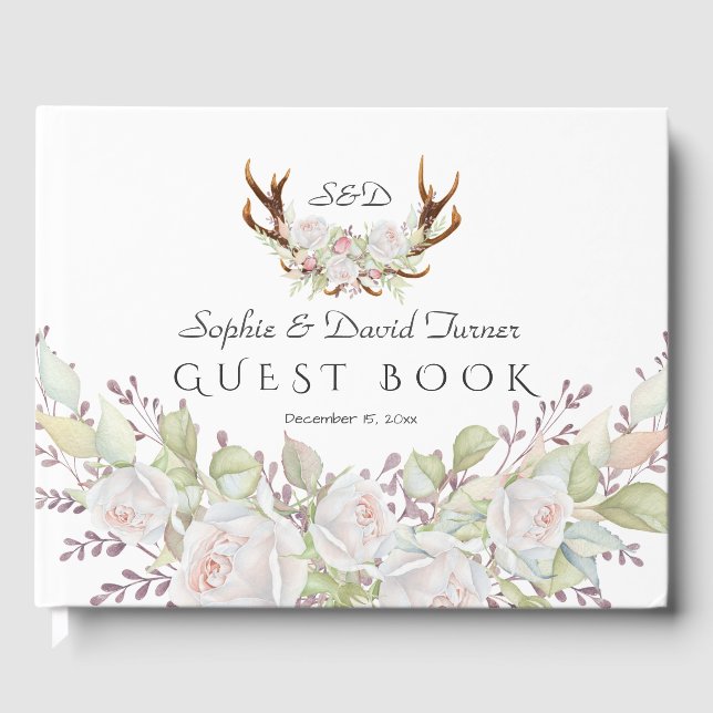 Elegant White Flowers Antlers Monogram Wedding Guest Book (Front)