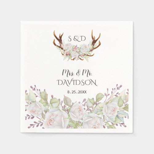 Elegant White Flowers Antlers Monogram Wedding Napkins