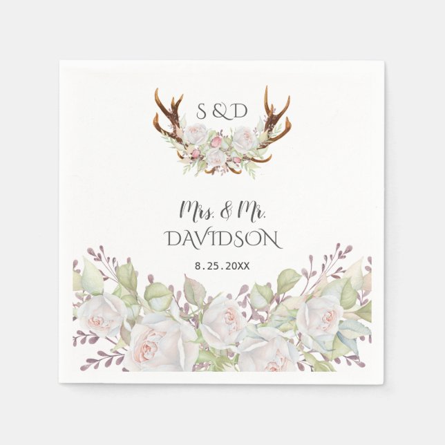 Elegant White Flowers Antlers Monogram Wedding Napkins (Front)