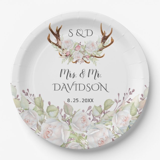 Elegant White Flowers Antlers Monogram Wedding Paper Plates (Front)