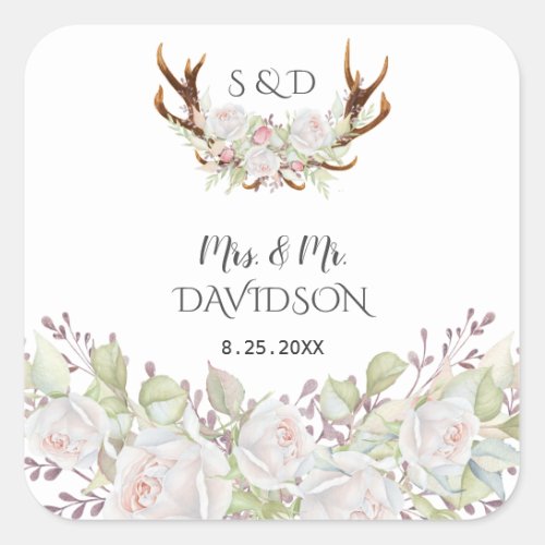 Elegant White Flowers Antlers Monogram Wedding Square Sticker