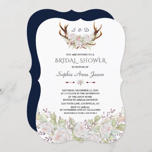 Elegant White Flowers Antlers Navy Bridal Shower Invitation