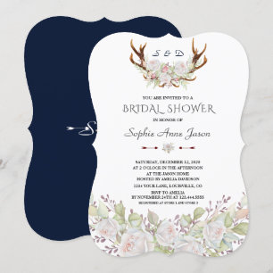 Elegant White Flowers Antlers Navy Bridal Shower Invitation