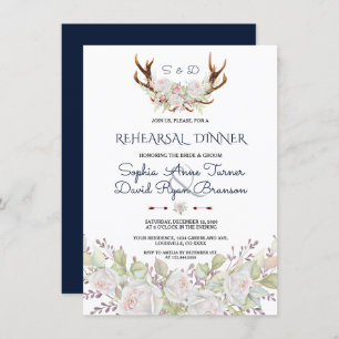 Elegant White Flowers Antlers Rehearsal Dinner Invitation