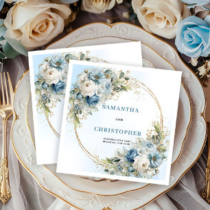 Elegant White Flowers Blue Gold Wedding Napkins