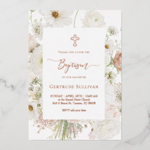 elegant white flowers bouquet Baptism Foil Invitation