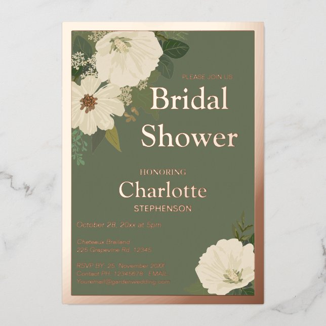 Elegant White Flowers Bridal Shower Green Foil Invitation (Front)