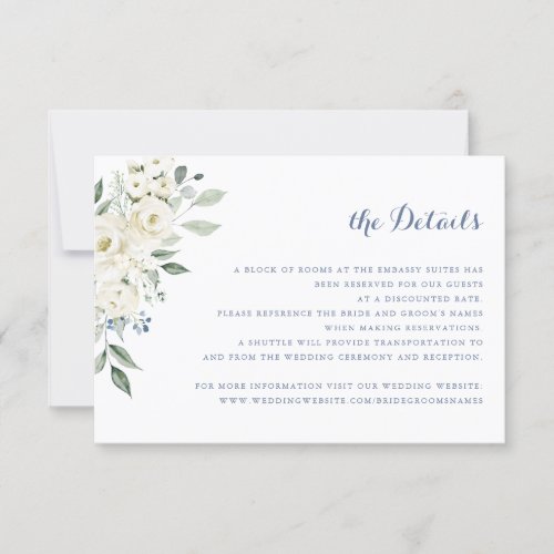 Elegant White Flowers Dusty Blue Wedding Details Invitation
