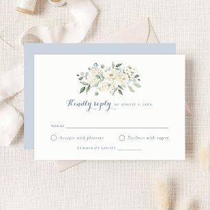 Elegant White Flowers Dusty Blue Wedding RSVP Invitation